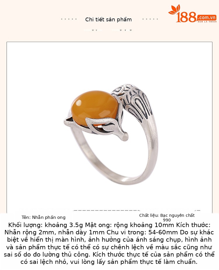 Nhẫn nữ bạc S990 nguyên chất phong cách retro sáp ong cáo làm cũ — Mở một size chi tiết 3