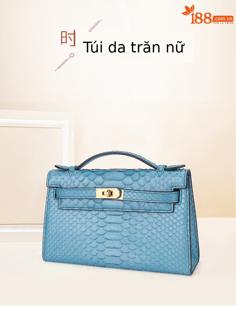 Túi đeo chéo nữ da trăn phong cách Kelly mới mẫu hè thu 2023 (22x13x7.5cm) — Xanh huỳnh quang, Khuy vàng xanh huỳnh quang chi tiết 1