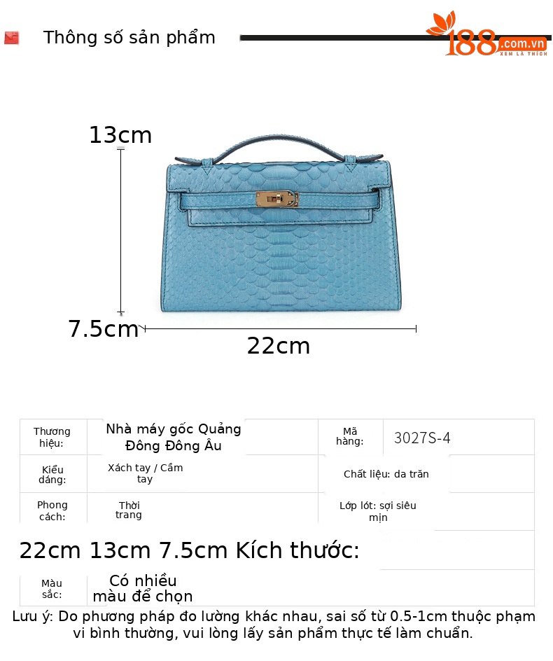 Túi đeo chéo nữ da trăn phong cách Kelly mới mẫu hè thu 2023 (22x13x7.5cm) — Xanh huỳnh quang, Khuy vàng xanh huỳnh quang chi tiết 3
