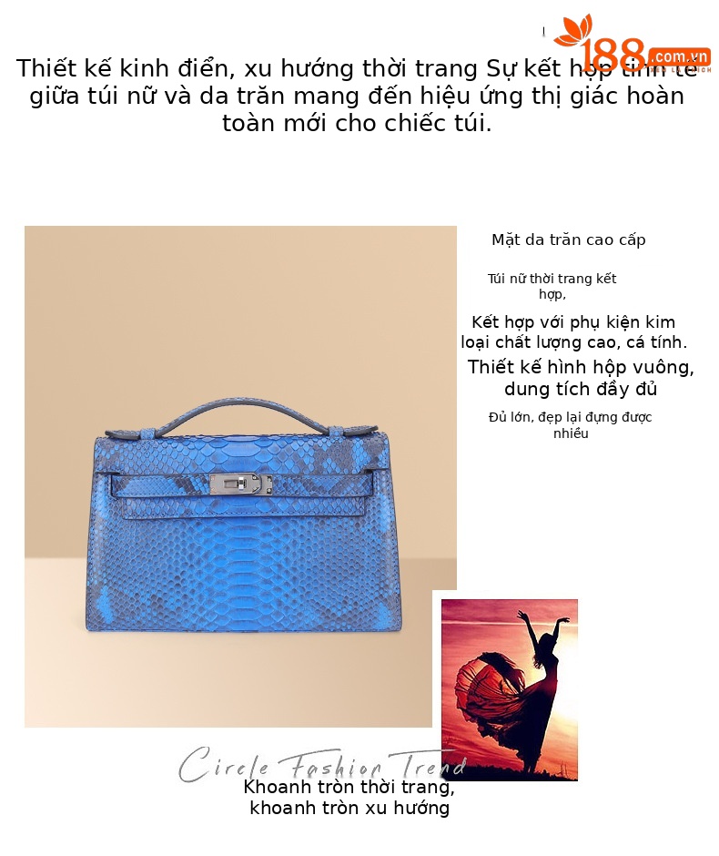 Túi đeo chéo nữ da trăn phong cách Kelly mới mẫu hè thu 2023 (22x13x7.5cm) — Xanh huỳnh quang, Khuy vàng xanh huỳnh quang chi tiết 5