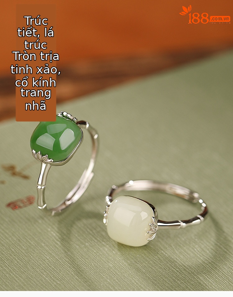 Nhẫn bạc S925 khảm ngọc bích hình lá tre cổ điển — Kiểu ngọc trắng chi tiết 1