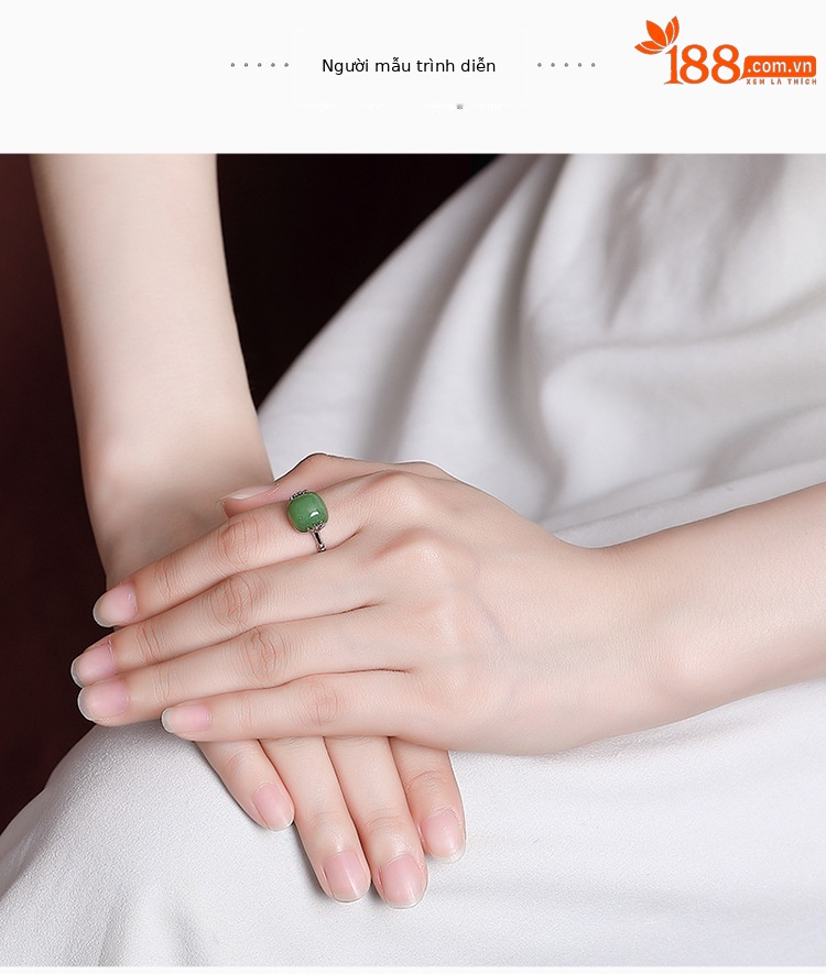 Nhẫn bạc S925 khảm ngọc bích hình lá tre cổ điển — Kiểu ngọc trắng chi tiết 5