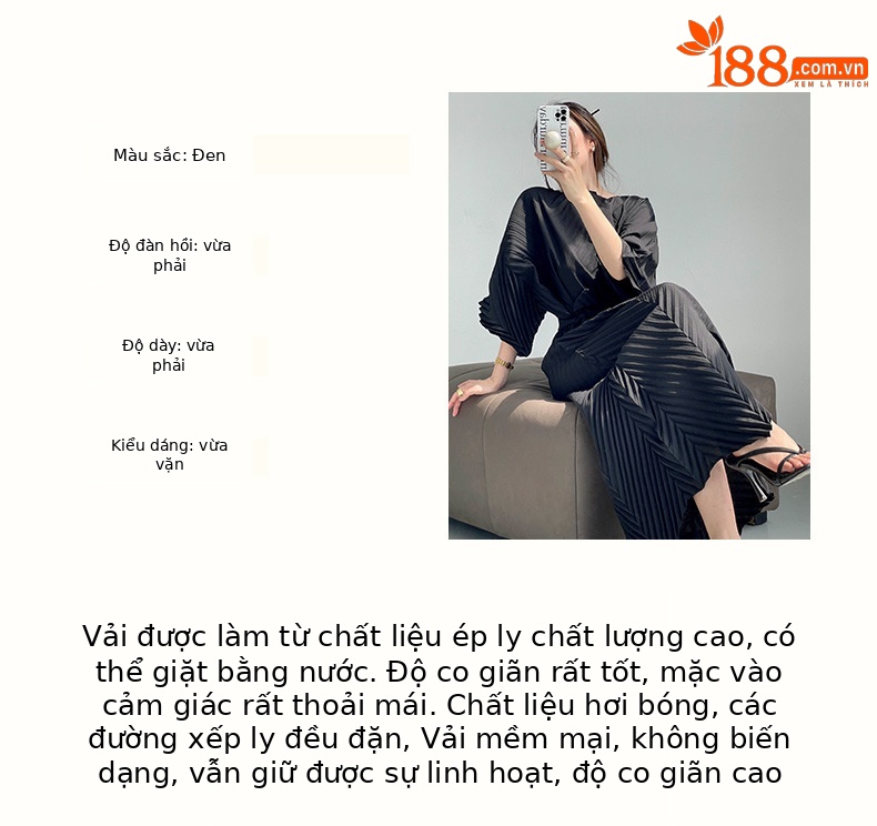 Váy xếp ly thắt eo dáng rộng dài ngang đùi — Màu đen chi tiết 3