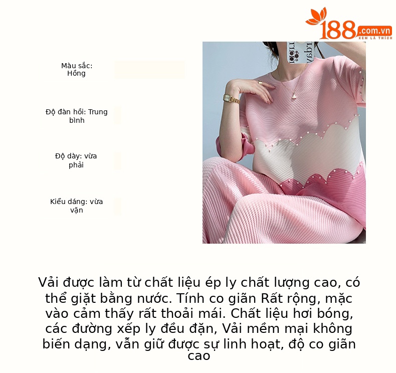 Áo thun nữ cổ tròn xếp ly phối màu đính hạt — Màu hồng chi tiết 3