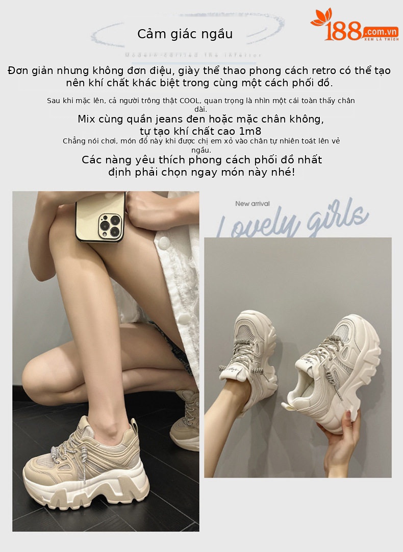 Giày sneaker nữ chạy bộ mesh thoáng khí đế cao 6-8 cm, mũi tròn, dây buộc — Len thuần, Ka ki chi tiết 3