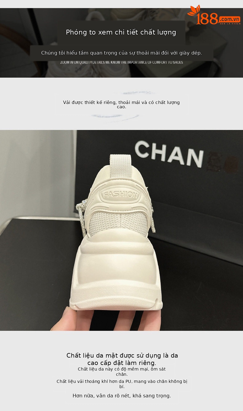 Giày sneaker nữ chạy bộ mesh thoáng khí đế cao 6-8 cm, mũi tròn, dây buộc — Len thuần, Ka ki chi tiết 5