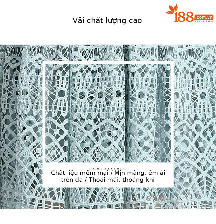 Váy maxi thắt eo ren hoa rỗng tay bay kiểu Pháp mùa hè 2024 — Màu xanh đậu, Màu hồng chi tiết 5