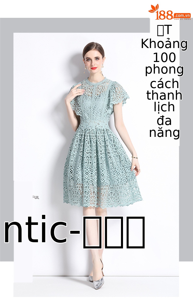 Váy maxi thắt eo ren hoa rỗng tay bay kiểu Pháp mùa hè 2024 — Màu xanh đậu, Màu hồng chi tiết 6