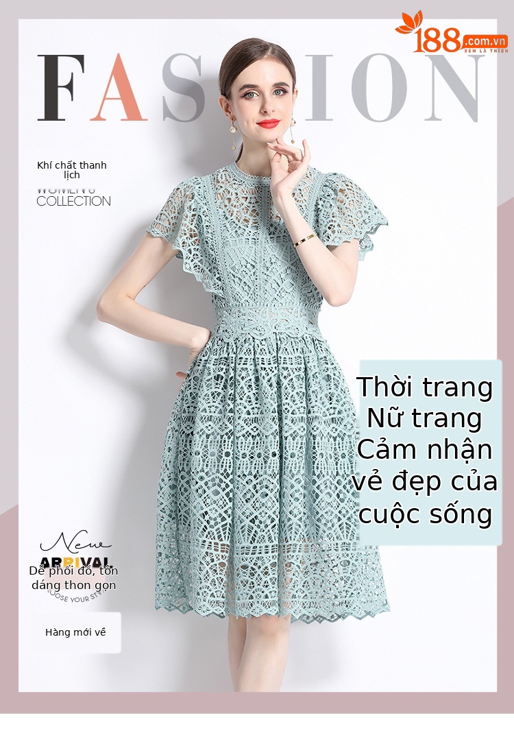 Váy maxi thắt eo ren hoa rỗng tay bay kiểu Pháp mùa hè 2024 — Màu xanh đậu, Màu hồng chi tiết 1