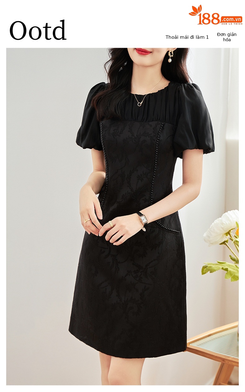 Đầm maxi nữ thắt eo phong cách dân tộc, phù điêu jacquard đính hạt satin — Màu đen chi tiết 1