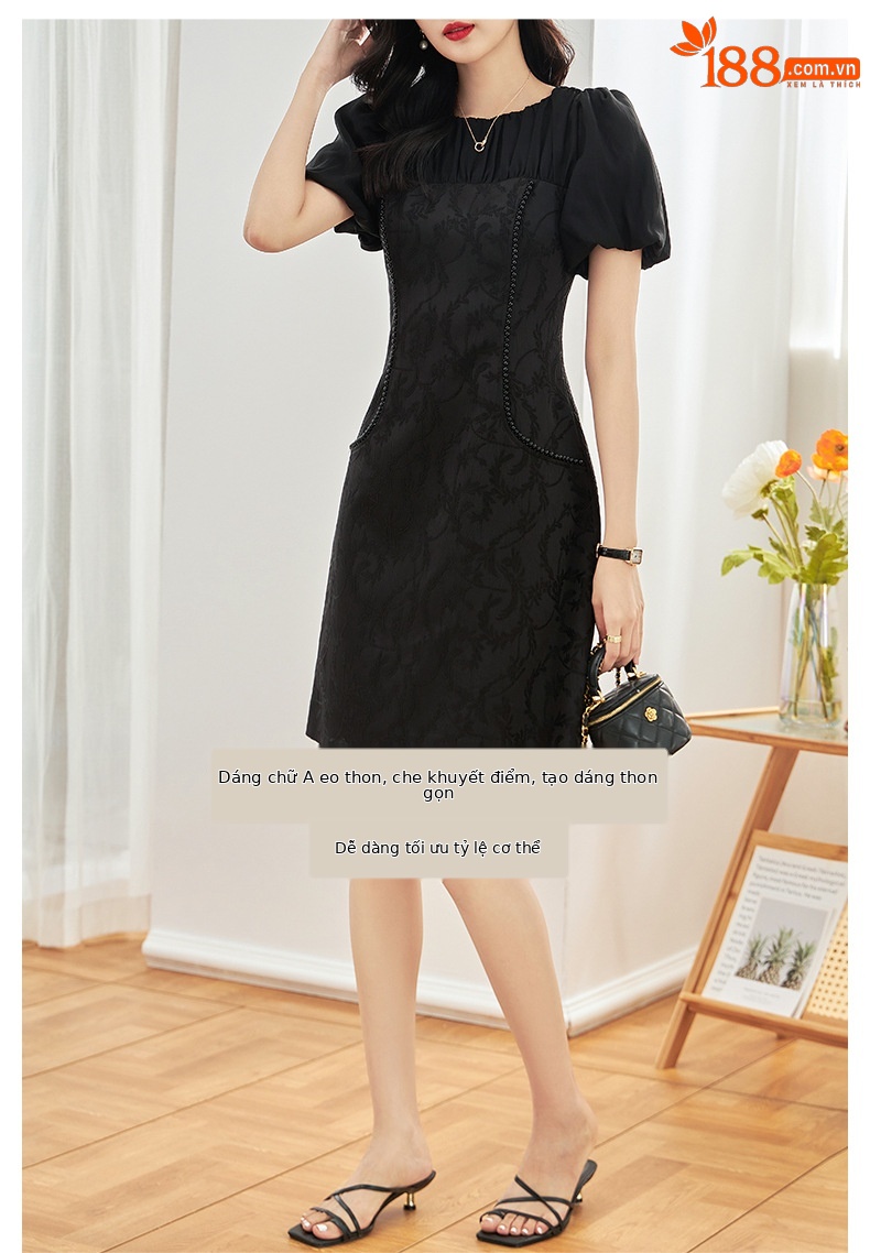 Đầm maxi nữ thắt eo phong cách dân tộc, phù điêu jacquard đính hạt satin — Màu đen chi tiết 7