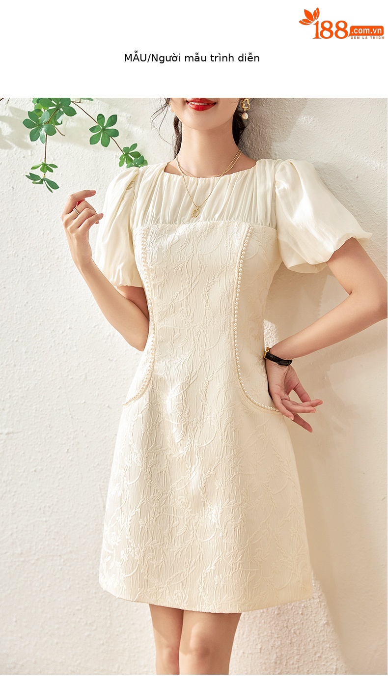 Đầm maxi nữ thắt eo phong cách dân tộc, phù điêu jacquard đính hạt satin — Màu đen chi tiết 10