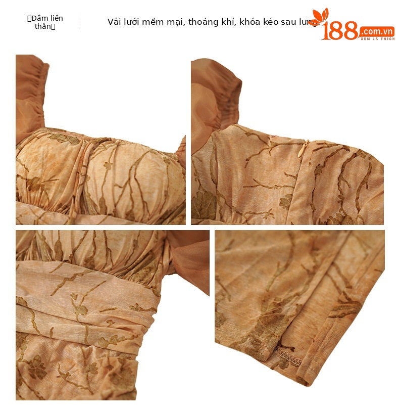 Đầm ôm body nữ dáng dài tay phồng cổ vuông phong cách Pháp — [Cam cổ điển] chi tiết 1