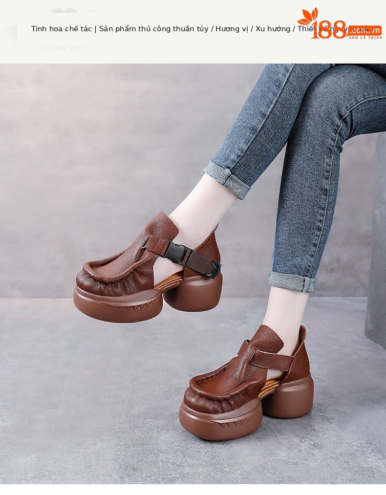 Sandal cao gót nữ quai ngang đế xốp dày da bò thật — Màu nâu chi tiết 1
