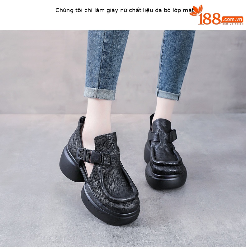 Sandal cao gót nữ quai ngang đế xốp dày da bò thật — Màu nâu chi tiết 2