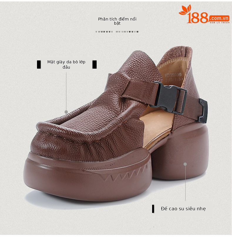 Sandal cao gót nữ quai ngang đế xốp dày da bò thật — Màu nâu chi tiết 3