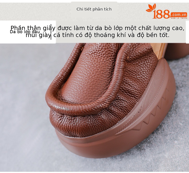 Sandal cao gót nữ quai ngang đế xốp dày da bò thật — Màu nâu chi tiết 4