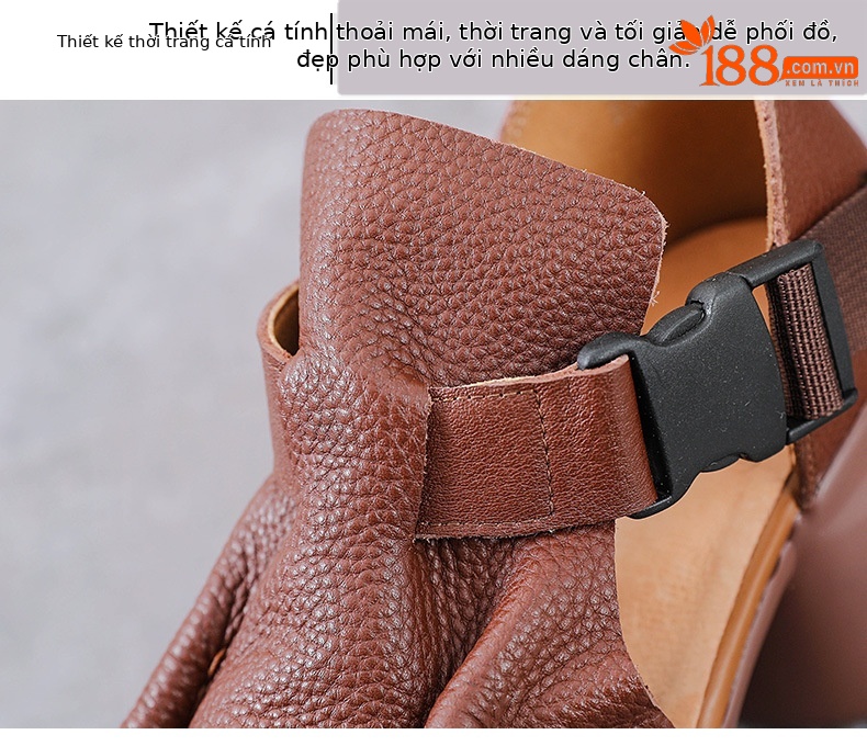 Sandal cao gót nữ quai ngang đế xốp dày da bò thật — Màu nâu chi tiết 5