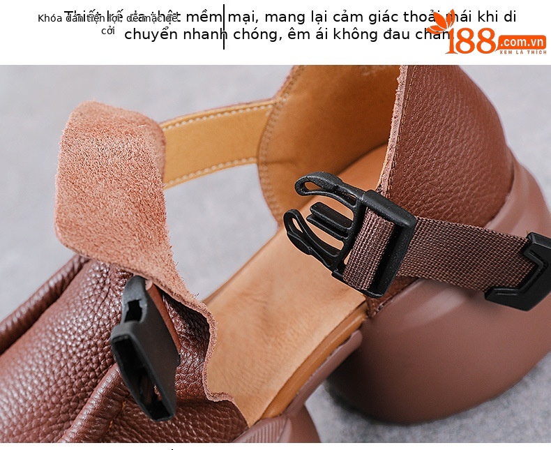 Sandal cao gót nữ quai ngang đế xốp dày da bò thật — Màu nâu chi tiết 6