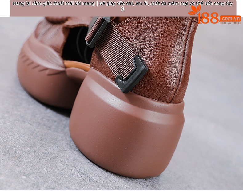 Sandal cao gót nữ quai ngang đế xốp dày da bò thật — Màu nâu chi tiết 8