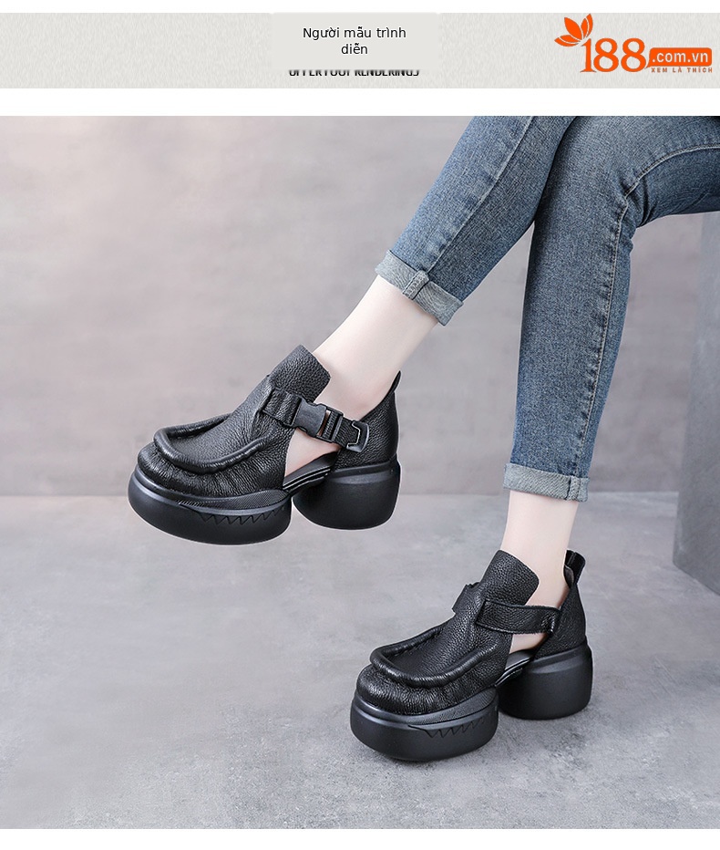 Sandal cao gót nữ quai ngang đế xốp dày da bò thật — Màu nâu chi tiết 9