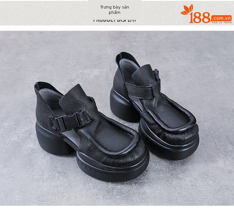 Sandal cao gót nữ quai ngang đế xốp dày da bò thật — Màu nâu chi tiết 10