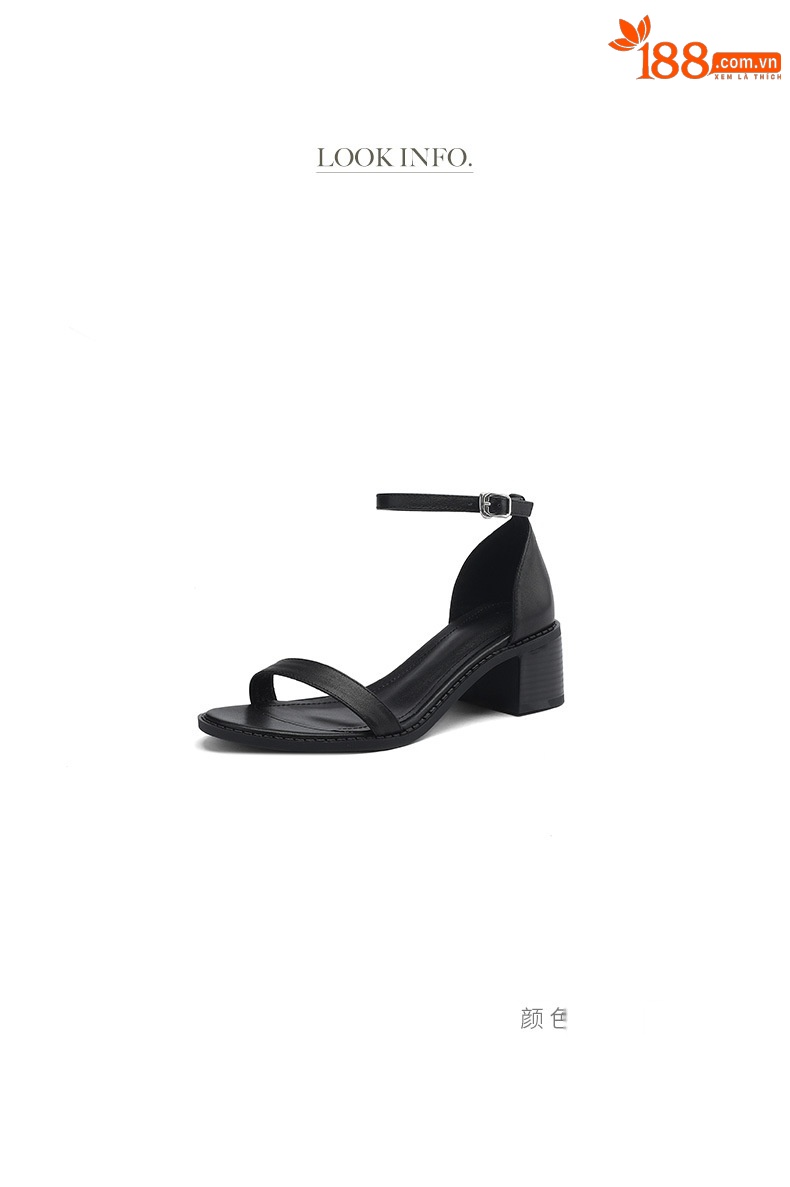 Sandal nữ hở mũi gót thô quai ngang khóa bấm — Màu Đen [da cừu] chi tiết 4