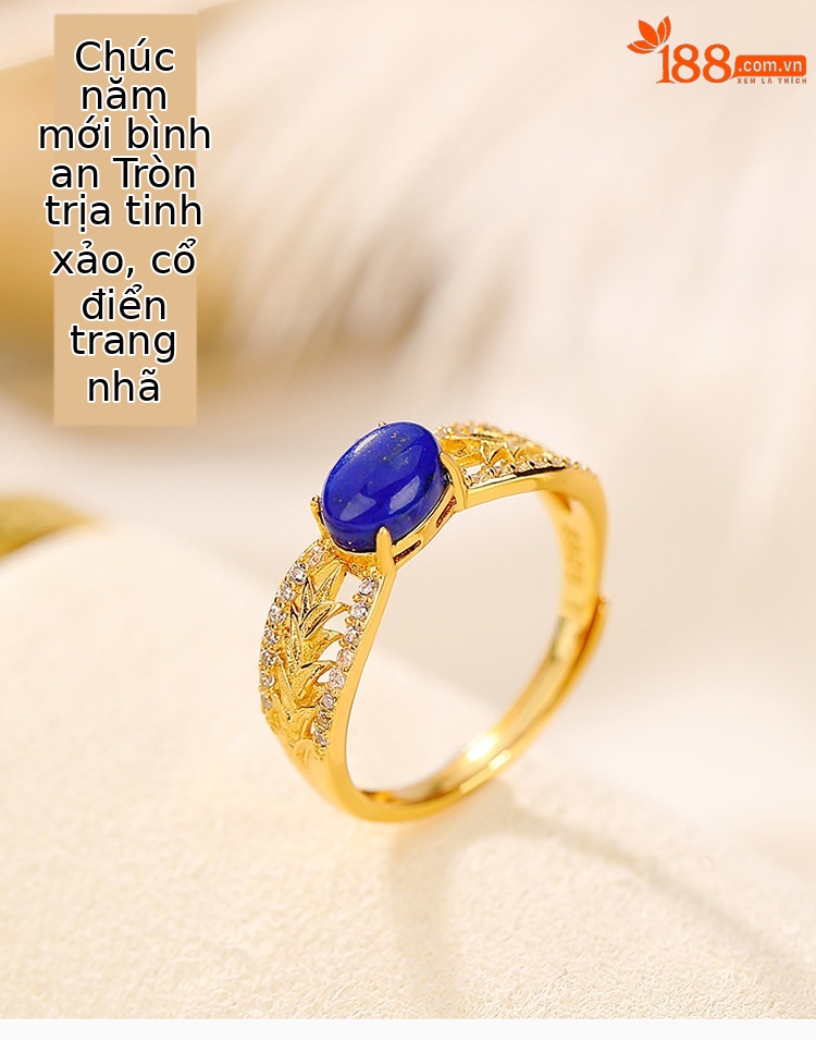 Nhẫn nữ bạc S925 mạ vàng đính đá Lapis Lazuli và Zircon phong cách cổ điển — Mở (một kích thước) chi tiết 1