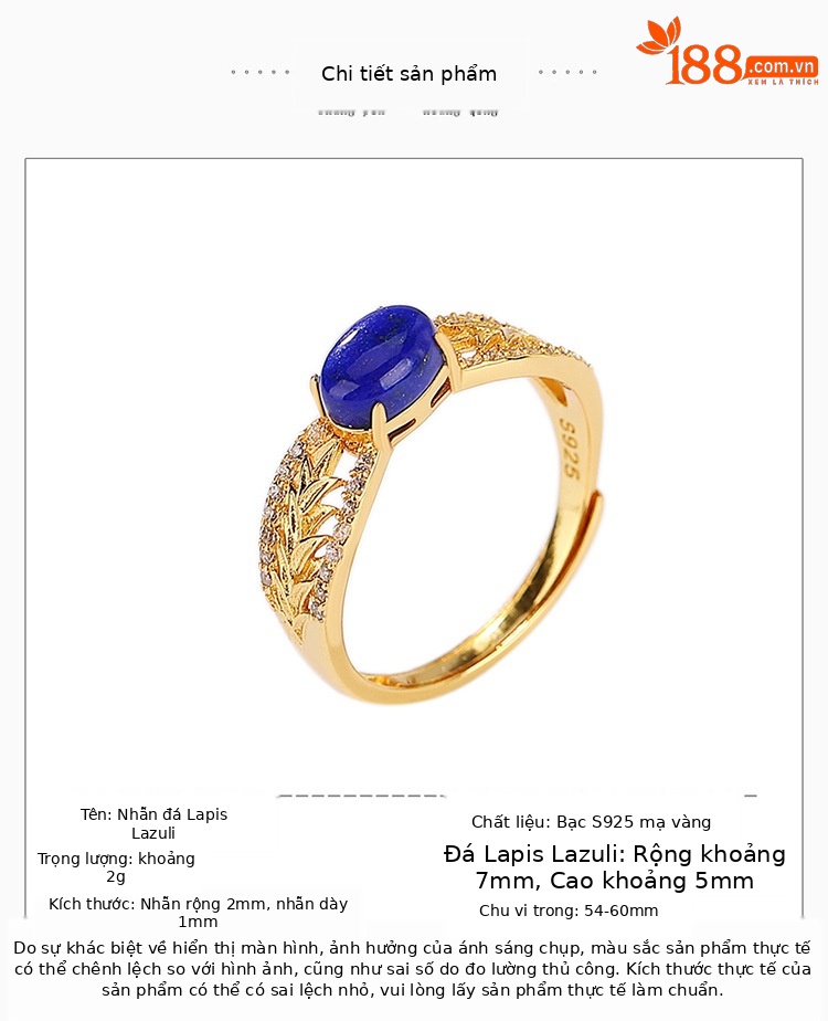 Nhẫn nữ bạc S925 mạ vàng đính đá Lapis Lazuli và Zircon phong cách cổ điển — Mở (một kích thước) chi tiết 2