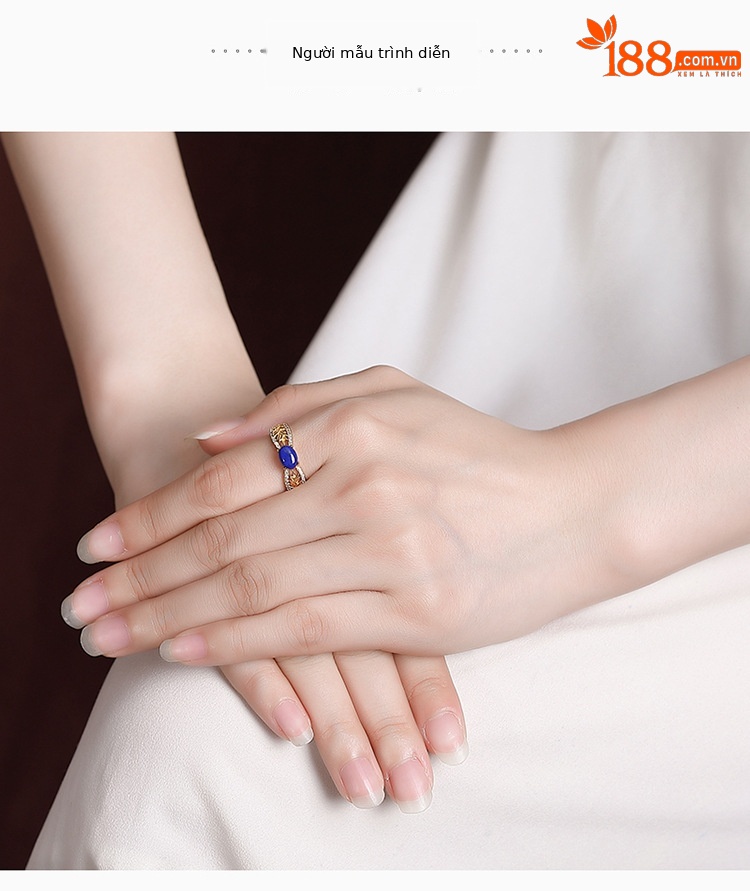 Nhẫn nữ bạc S925 mạ vàng đính đá Lapis Lazuli và Zircon phong cách cổ điển — Mở (một kích thước) chi tiết 4