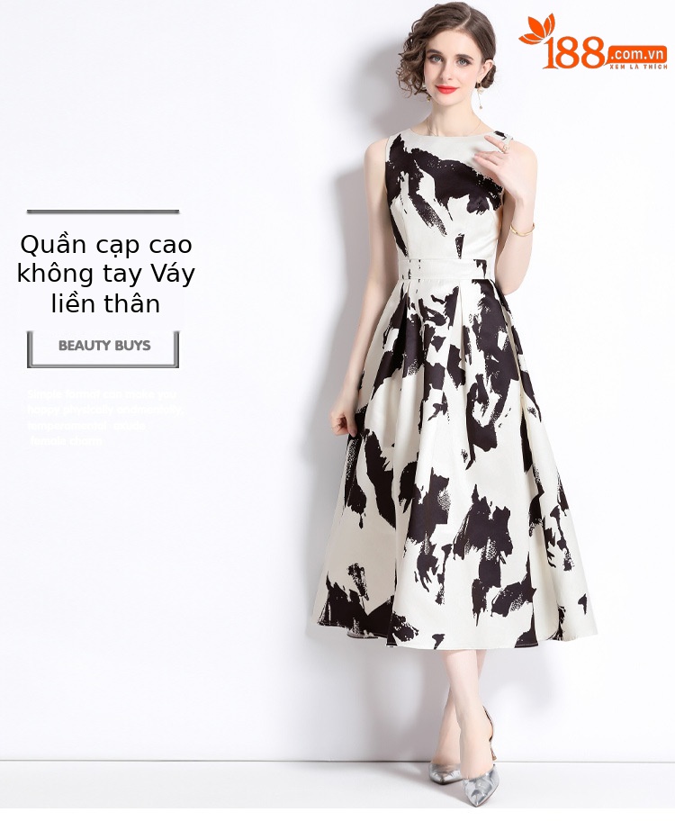 Đầm suông nữ midi cổ tròn không tay eo cao in họa tiết mực nghệ thuật phong cách Hàn Quốc — Màu hoa chi tiết 1