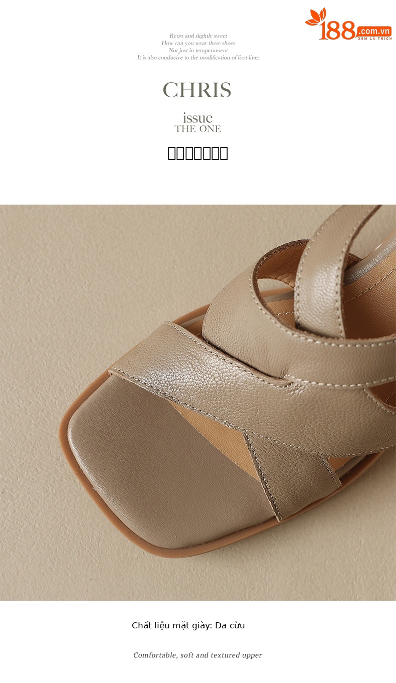 Sandal La Mã da cừu đan sọc rộng gót thô hở ngón — Màu camel chi tiết 7