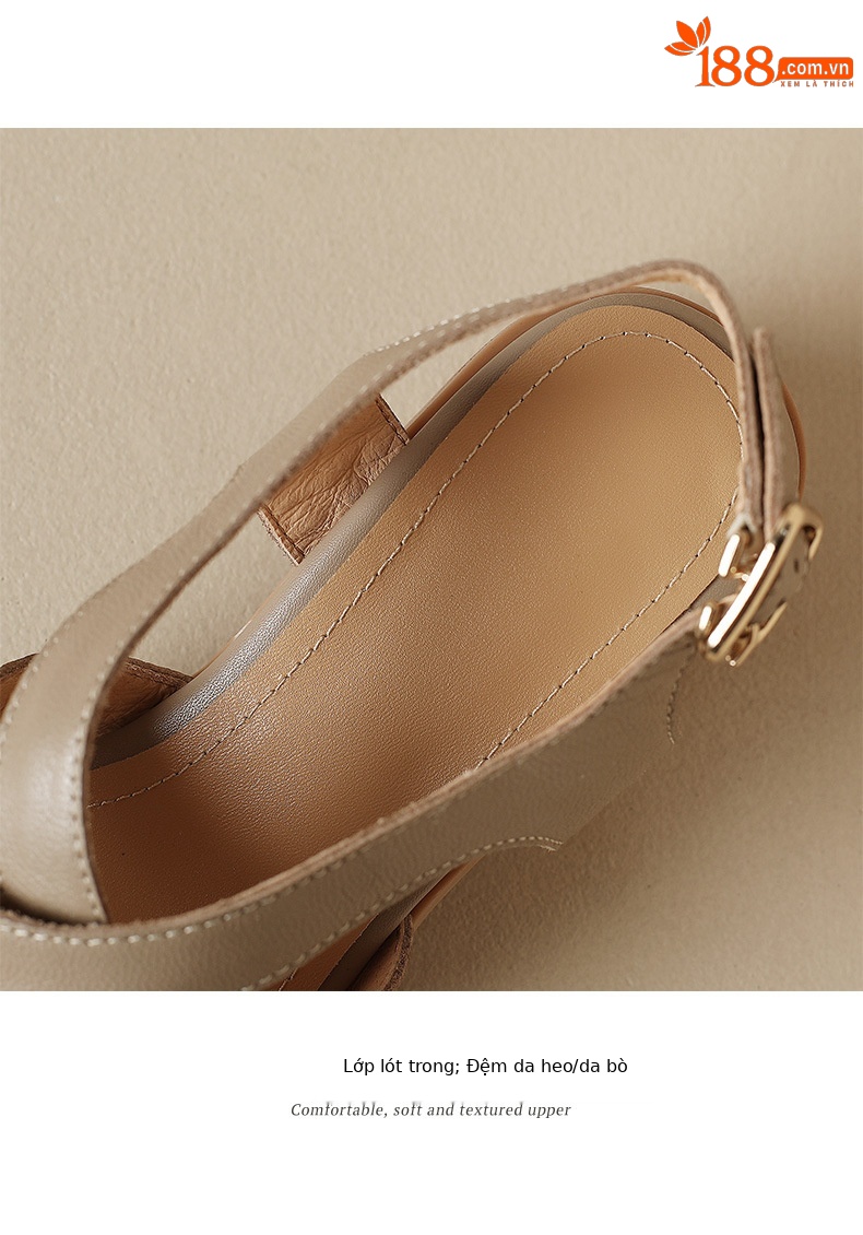 Sandal La Mã da cừu đan sọc rộng gót thô hở ngón — Màu camel chi tiết 8