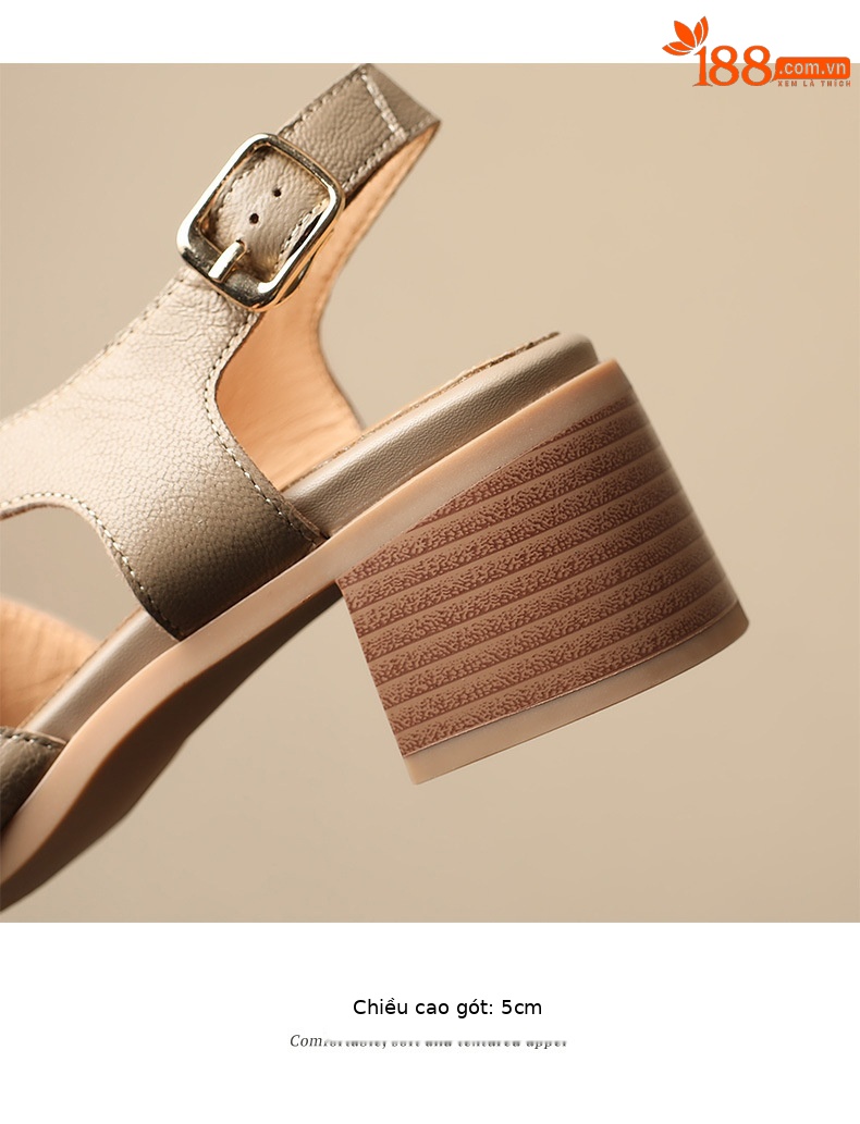 Sandal La Mã da cừu đan sọc rộng gót thô hở ngón — Màu camel chi tiết 9
