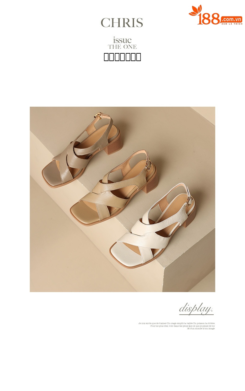 Sandal La Mã da cừu đan sọc rộng gót thô hở ngón — Màu camel chi tiết 17