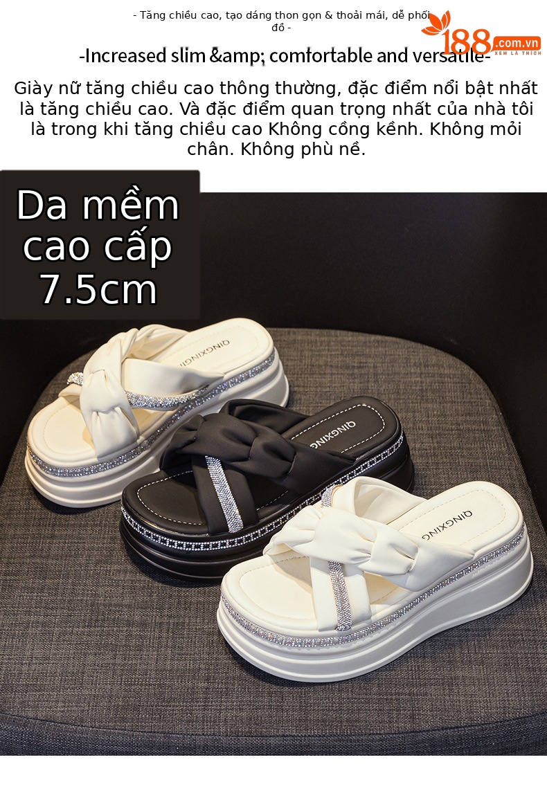 Dép nữ đế dày đính đá pha lê quai chéo mùa hè 2026, kiểu dáng tiên nữ, đế xuồng — M2366 màu đen, M2366 màu trắng chi tiết 2