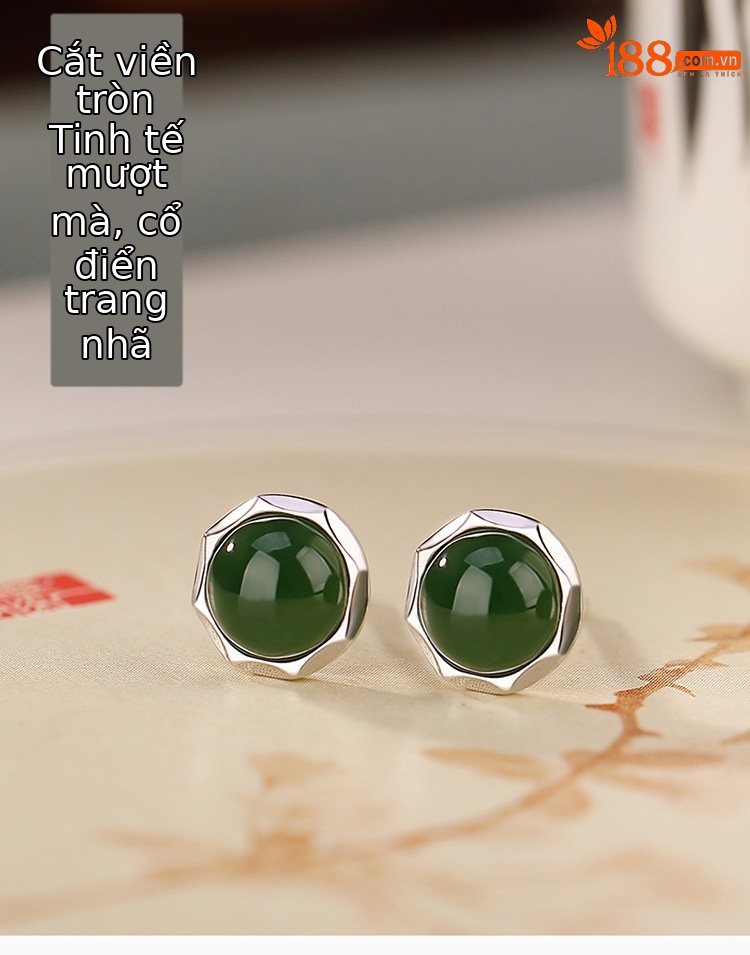 Khuyên tai nữ bạc S925 đá ngọc bích và jasper hạt tròn cắt nhỏ thanh lịch — Một cặp chi tiết 1