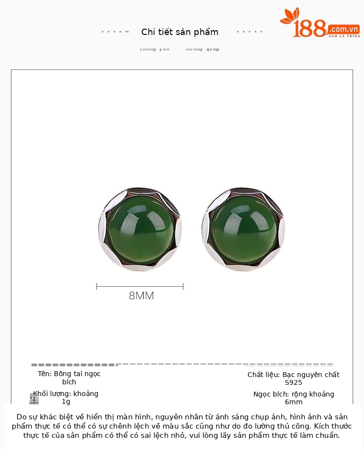Khuyên tai nữ bạc S925 đá ngọc bích và jasper hạt tròn cắt nhỏ thanh lịch — Một cặp chi tiết 2