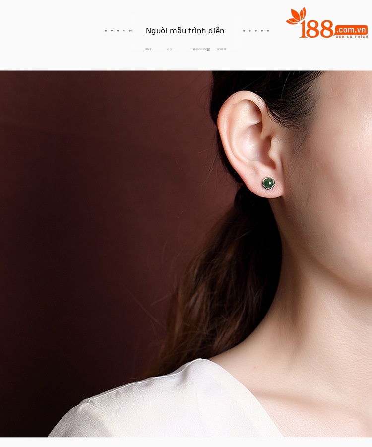 Khuyên tai nữ bạc S925 đá ngọc bích và jasper hạt tròn cắt nhỏ thanh lịch — Một cặp chi tiết 3