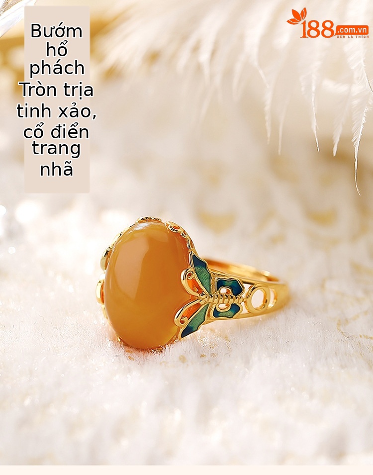 Nhẫn nữ bạc S925 mạ vàng phong cách Trung Quốc, mặt trứng khảm men bướm — Mở một size chi tiết 2