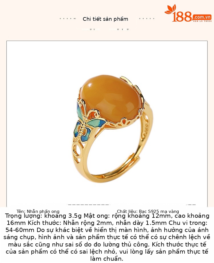 Nhẫn nữ bạc S925 mạ vàng phong cách Trung Quốc, mặt trứng khảm men bướm — Mở một size chi tiết 3