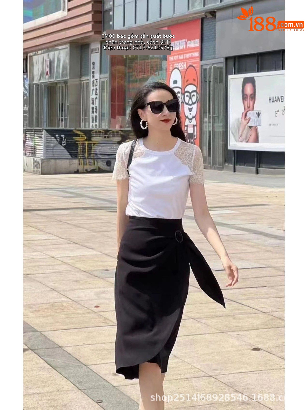 Áo thun nữ tay ngắn ren trắng kiểu dáng mới hè — Màu đen
