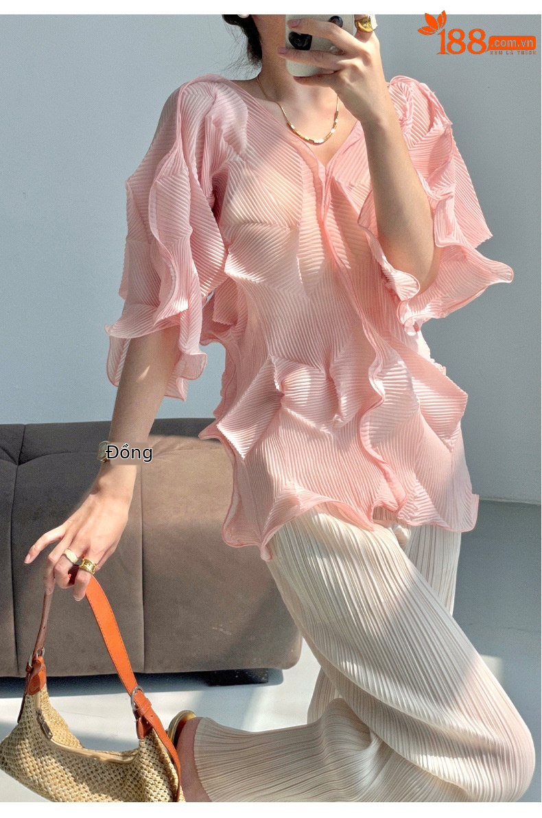 Áo thun nữ Miyake xếp ly thủ công cổ V ôm dáng — Màu đen chi tiết 20