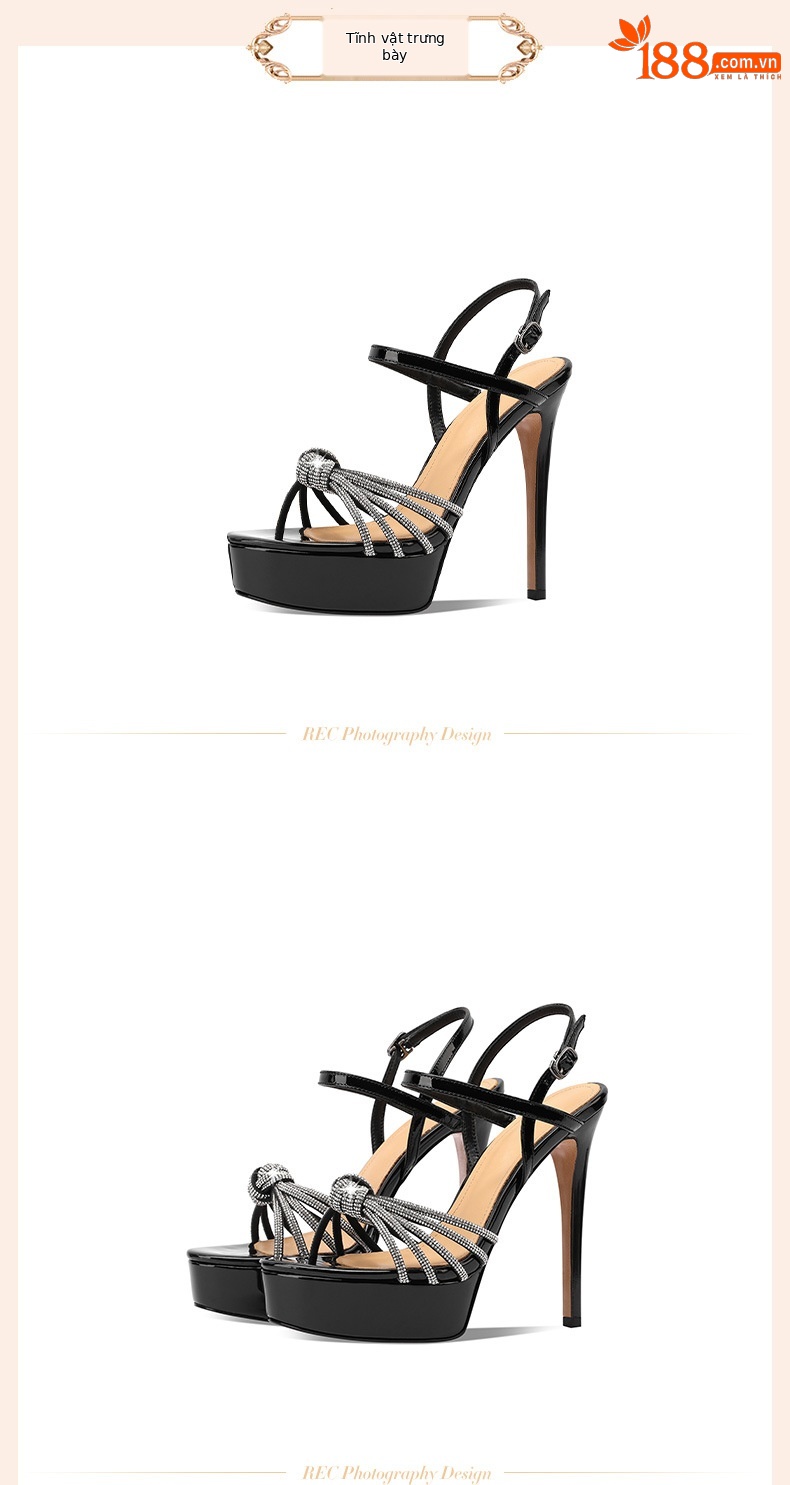 Sandal nữ cao gót 13 cm đính đá hở mũi quai mắt cá chân da thật — Bạc (13 cm) chi tiết 15