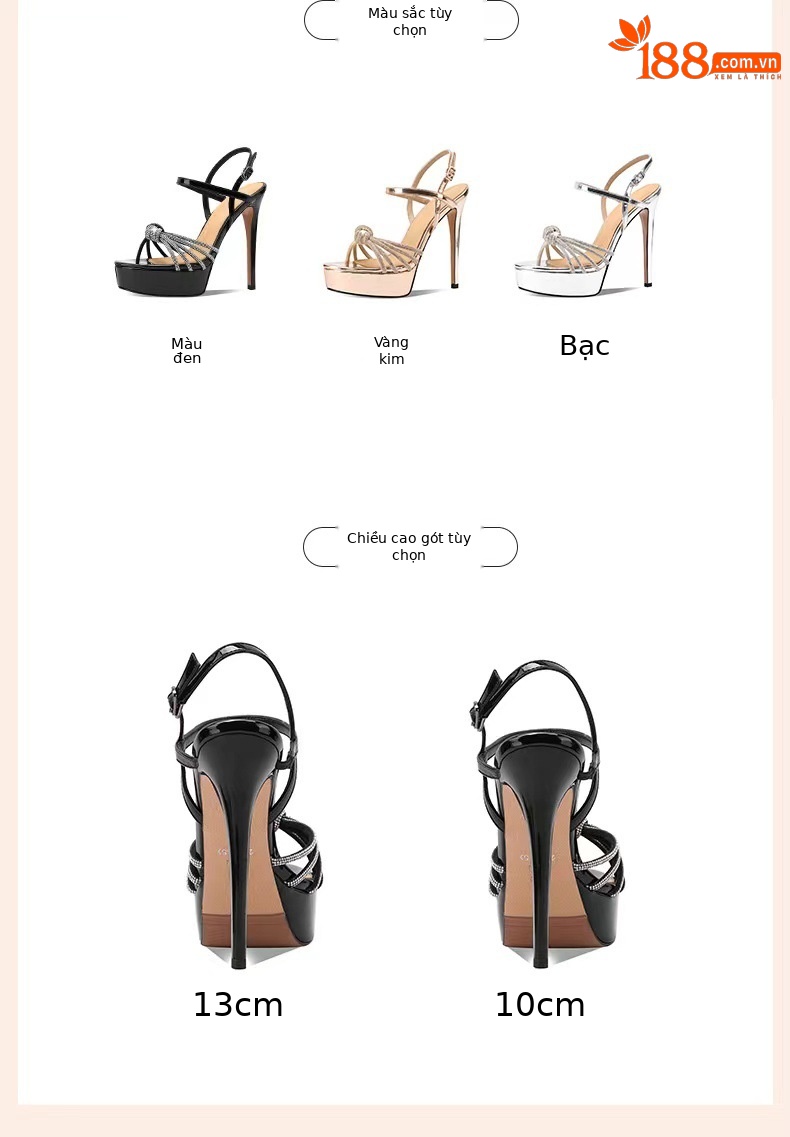 Sandal nữ cao gót 13 cm đính đá hở mũi quai mắt cá chân da thật — Bạc (13 cm) chi tiết 2