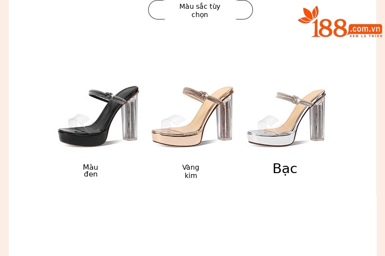 Sandal cao gót nữ gót trong suốt pha lê, quai ngang, gót 9 cm — Màu Sâm panh chi tiết 2