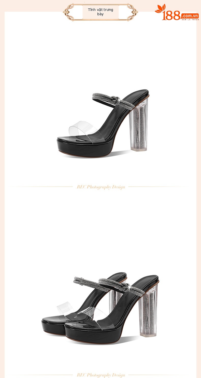 Sandal cao gót nữ gót trong suốt pha lê, quai ngang, gót 9 cm — Màu Sâm panh chi tiết 15