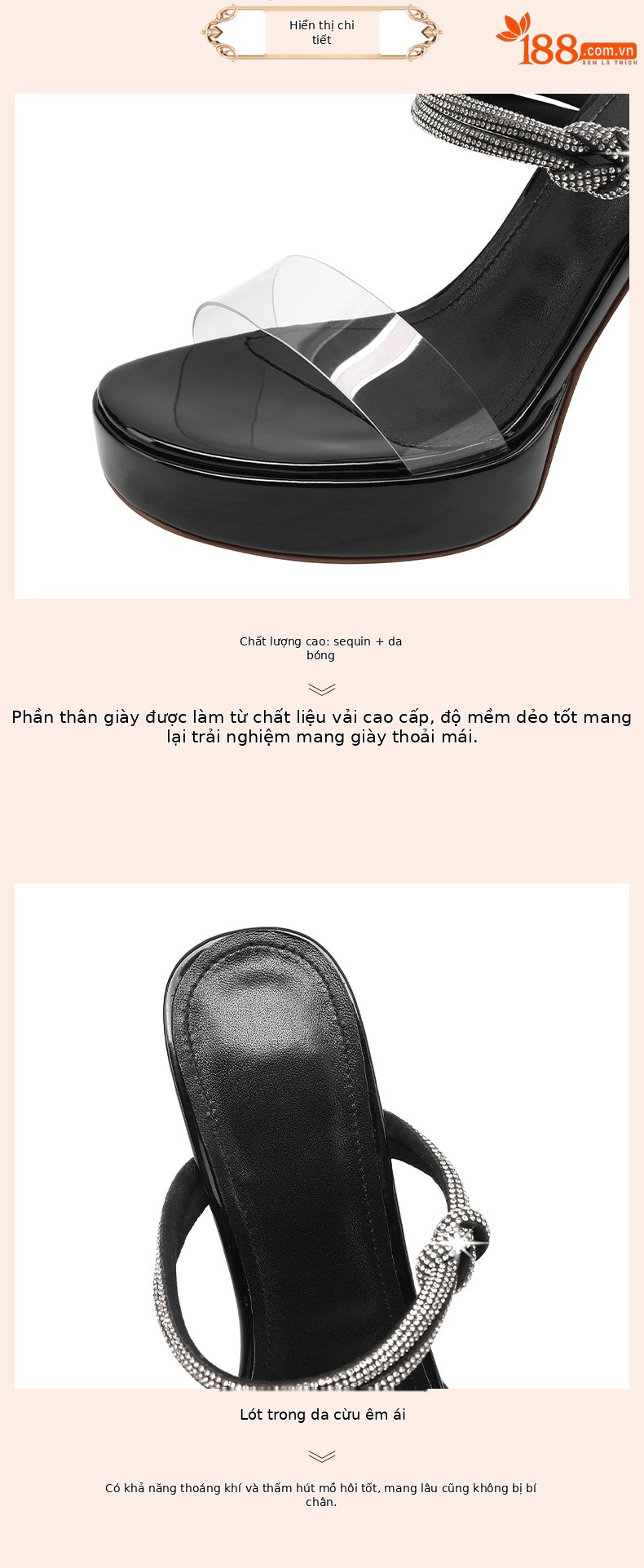 Sandal cao gót nữ gót trong suốt pha lê, quai ngang, gót 9 cm — Màu Sâm panh chi tiết 3