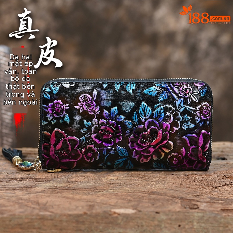Ví nữ da thật phong cách retro, khóa kéo thủ công nhiều ngăn thẻ, sức chứa lớn 20×10.5 cm — Màu tím
