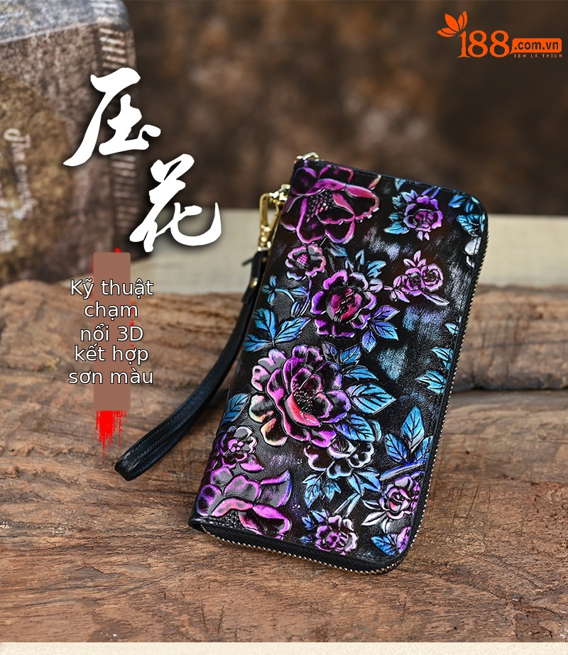 Ví nữ da thật phong cách retro, khóa kéo thủ công nhiều ngăn thẻ, sức chứa lớn 20×10.5 cm — Màu tím chi tiết 1